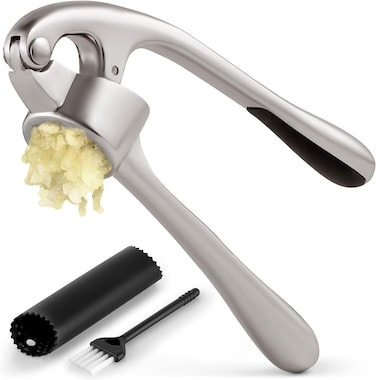 MahMir&reg; Kitchen Premium Garlic Press with Soft, Easy to Squeeze Handle - Includes Silicone Garlic Peeler &amp; Cleaning Brush - 3 Piece Garlic Mincer Tool - Sturdy Easy to Clean Garlic and Ginger Crusher