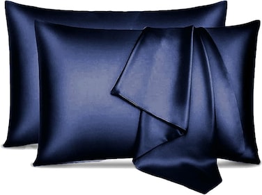 MahMir&reg; Silk Satin Pillowcase for Hair and Skin Queen - Blue Silk Pillowcase 2 Pack 76L x 51W CM (30x20 Inches) - Satin Pillow Cases Set of 2 with Envelope Closure (2pcs Navy Blue)