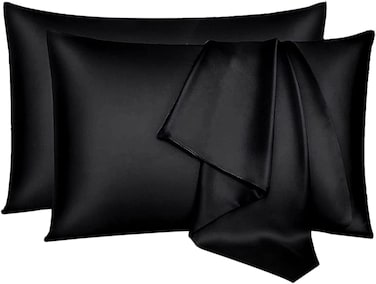 MahMir&reg; Silk Satin Pillowcase for Hair and Skin Queen - Black Silk Pillowcase 2 Pack 76L x 51W CM (30x20 Inches) - Satin Pillow Cases Set of 2 with Envelope Closure (Black)