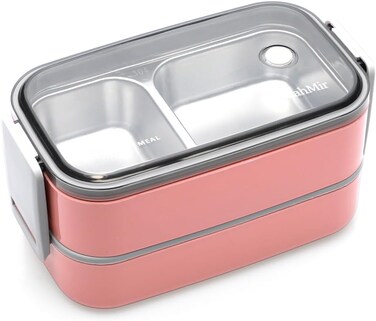 ماهمير صندوق غداء من الستانلس ستيل - صندوق بينتو معزول متعدد الوظائف - صندوق غداء مع قسمين وادوات مائدة (ستانلس ستيل 304) صندوق غداء مع شنطة غداء ماهمير (بينك)