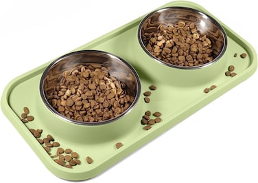MahMir&reg; Cat Food and Water Bowls, Bowls Non-Skid and Non-Spill Silicone Mats with Stand, Removable Stainless Steel Water Dishes for Cats, Small Size Dogs (Olive Green)