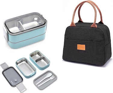 Stainless Steel Lunch Box - Insulated Bento Box Multifunctional-Containers Lunch Box with 2 Compartments &amp; Tableware(304 stainless steel) lunch box with Lunch MahMir Lunch bag (Light Blue + Lunch Bag)