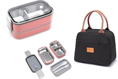 Stainless Steel Lunch Box - Insulated Bento Box Multifunctional-Containers Lunch Box with 2 Compartments &amp; Tableware(304 stainless steel) lunch box with Lunch MahMir Lunch bag (Pink + Lunch Bag)