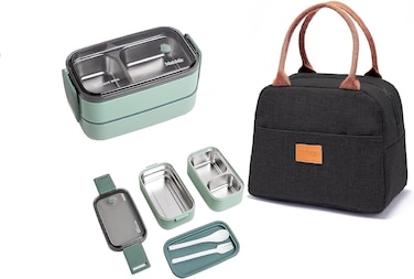Stainless Steel Lunch Box - Insulated Bento Box Multifunctional-Containers Lunch Box with 2 Compartments &amp; Tableware(304 stainless steel) lunch box with Lunch MahMir Lunch bag (Green + Lunch Bag)
