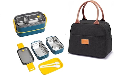 Stainless Steel Lunch Box - Insulated Bento Box Multifunctional-Containers Lunch Box with 2 Compartments &amp; Tableware(304 stainless steel) lunch box with Lunch MahMir Lunch bag (Blue + Lunch Bag)