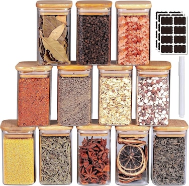 Glass Jars Set 300ML, MahMir 12 pcs Set Glass Spice Jars with Bamboo Airtight Lids and Labels, Food Cereal Storage Spice Containers for Home Kitchen Tea Herbs Coffee Flour Herbs Grains (Square)