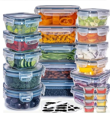 MahMir&reg; Airtight Meal Prep Container Set with Locking Lids, 24pcs Re-usable Plastic Food Storage Containers, Stackable Kitchen Organizer Boxes, BPA Free &amp; Microwave Freezer Dishwasher Safe(24pcs set