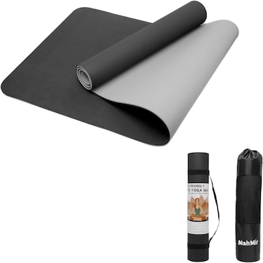MahMir Yoga Mat Anti-Slip Exercise Mat with Carrying Bag Fitness Mat for Pilates 183CM*61CM*6MM Thickness for Woman Man Beginners  Black + Grey