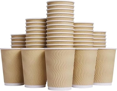 MahMir&reg; 12oz. Brown Disposable Ripple Insulated Coffee Cups - Eco-Friendly Disposable Cups - Hot Beverage Corrugated Paper Cups - Sleeve Ripple Wall Paper Coffee Cups for Drink -Tea Cup (12oz. 50pcs)