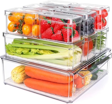 MahMir&reg; 10 Pack Fridge Organizer, Stackable Refrigerator Organizer Bins with Lids, BPA-Free Produce Fruit Storage Containers for Storage Clear for Food, Drinks, Vegetable Storage