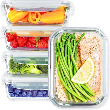 MahMir&reg;  5 Pack, 1040ML (35 OZ)   Glass Meal Prep Containers, Airtight Glass Food Storage Containers with Lids &ndash; Airtight Food Containers Kitchen Storage Containers Glass Lunch Containers