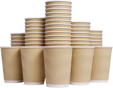 MahMir Pack of 500 12 Oz Brown Disposable Ripple Insulated Coffee Cups - Eco-Friendly Disposable Cups - Hot Beverage Corrugated Paper Cups - Sleeve Ripple Wall Paper Coffee Cups for Drink-Tea Cup