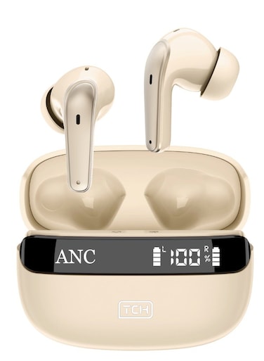 TCH Wireless Earbuds Beige L10 ANC - Active Noise Cancellation, Bluetooth with AI Calls, 4 Mics, 8H Battery Life, LED Display, Smart Touch Controls