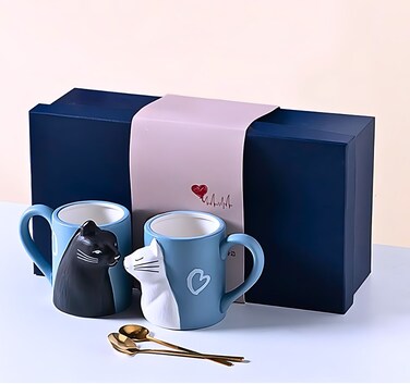 Solarae Adorable Kissing Cat Mugs Romantic Couple Cups Set Anniversary Wedding Valentine's Day Birthday Wife Girlfriend Gift idea (Blue Box)