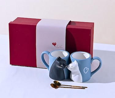Solarae Adorable Kissing Cat Mugs Romantic Couple Cups Set Anniversary Wedding Valentine's Day Birthday Wife Girlfriend Gift idea (Red Box)