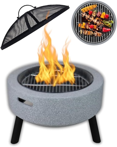 موقد نار دائري بلون رمادي فاتح من ام جي او - شواية خشبية وفحم - شواية للطهي في الهواء الطلق - موقد نار خفيف الوزن قابل للتحريك في الفناء الخلفي - الارتفاع: 10 انش × القطر: 23.6 انش