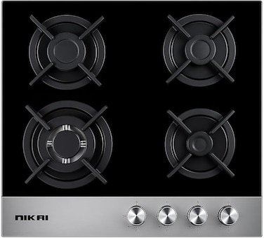 Nikai 4 Burner Gas Hob - Stove, Front Control, European Burners, Triple Burner, Cast Iron Pan Stand, Tampered Glass Worktop Full Safety Features NGH3002G Black