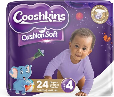 Cooshkins Cushion Soft Baby Diapers Size 4 (24 Count) &ndash; Super Soft Cover, Stretchy Fit, Leak Guard, Quick Absorb Core, Hypoallergenic, For 7&ndash;12 Kg / 16&ndash;28 Lbs Babies