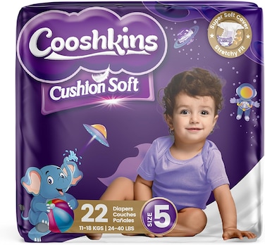 Cooshkins Cushion Soft Baby Diapers Size 5 (22 Count) &ndash; Super Soft Cover, Stretchy Fit, Leak Guard, Quick Absorb Core, Hypoallergenic, For 11&ndash;18 Kg / 24&ndash;40 Lbs Babies
