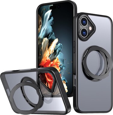 Glassology 360&deg; Rotate Ring Stand Magnetic Case for iPhone 16 Shockproof Wireless Charging Compatible Adjustable Kickstand -Black (Black)