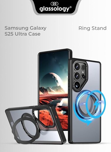 Glassology Samsung Galaxy S25 Ultra Magnetic Protective Slim Case, 360&deg; Ring Stand, MIL-Grade Protection, Anti Yellowing, iCrystal Tech, Black.