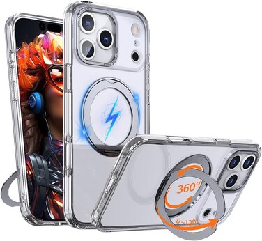 Glassology 360&deg; Rotating Ring Stand Magnetic Case Compatible with iPhone 17 Pro Max &ndash; White Shockproof, Slim Protective Cover with Magnetic Charging Support