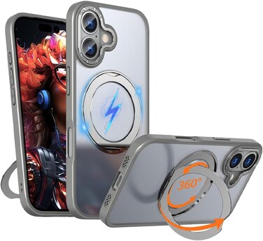 Glassology 360&deg; Rotating Ring Stand Magnetic Case Compatible with iPhone 17 &ndash; Grey, Shockproof, Slim Protective Cover with Magnetic Charging Support