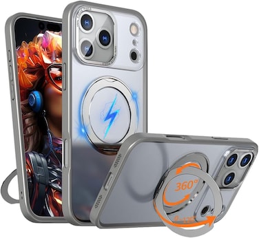 Glassology 360° Rotating Ring Stand Magnetic Case Compatible with iPhone 17 Pro – Grey, Shockproof, Slim Protective Cover with Magnetic Charging Support