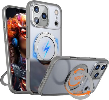 Glassology 360&deg; Rotating Ring Stand Magnetic Case Compatible with iPhone 17 Pro Max &ndash; Grey, Shockproof, Slim Protective Cover with Magnetic Charging Support