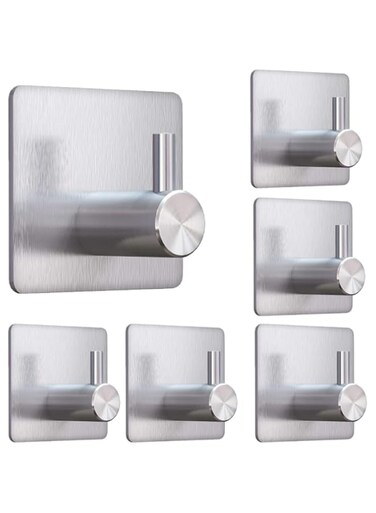 6pcs Self-Adhesive Wall Hooks 304 Stainless Steel Waterproof Hooks, Heavy Duty No Trace Installation for Bathroom, Kitchen, Bedroom, Door Multi-Purpose Hook for Towels, Robe, Keys, Cloth
