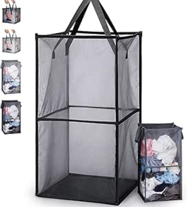 YumLock Popup Laundry Hamper, Foldable Pop-up Mesh Hamper with Carry Handles for Washing Storage - Durable &amp; Portable, for Home, College Dorm, Travel (Black, Double-Layer)
