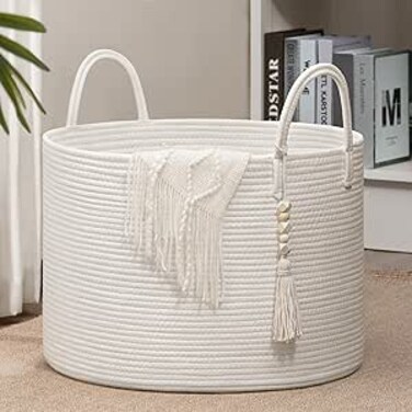 Goodpick Large Laundry Basket Decorative White Basket for Blankets, Baby Storage Basket for Nursery, Living Room, Bedroom, Big Rope Hamper 17.7 x 12.6 Inches, White