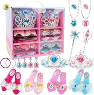 Dress Up My Princess Jewelry - Set includes 2 Crown,4 Beautiful Shoe Pairs, Earrings, Magic Wand, Necklace - Glamorous Accessories - Little Kids Girl Toy and Toddler Role-Play