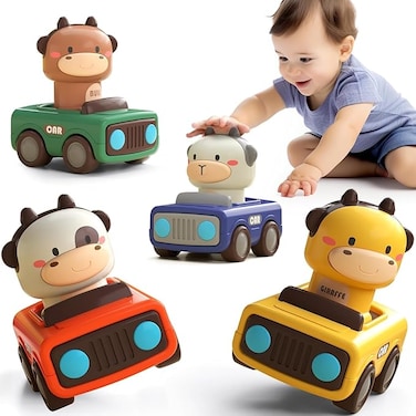 Car Toys 4 Pack for Toddlers 1-3, Animal Baby Car Toys for 1-2 Year Old Boy, Push Go Friction Vehicle Toys for Infants 6-9-12-18 Months, One First Birthday Gifts for Boys Girls