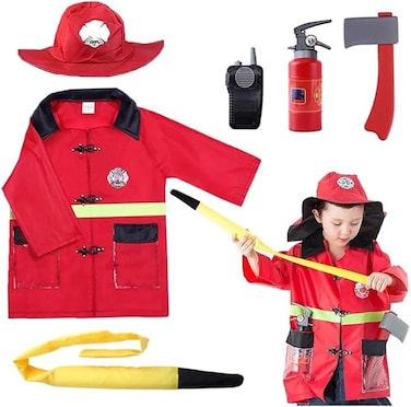 Firefighter Costume For Kids   Fireman Costume For Boys &amp; Girls   Pretend Play Kids Fireman Outfit &ndash; Career Suit with Walkie-Talkie &amp; Hose   Birthday Gift for 3 to 7 Year Old Kid (RED)