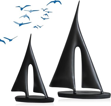 WANCHIY 2pcs Home Decor Sculpture Statue, Home Decoration, Desk Decor, Modern Home Decor Accents, Sailboat Figurine, Statue Art Gifts for Home, Bedroom, Livingroom, Office, Shelf(Black)