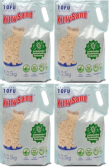 Sand Natural Tofu, Premium Quality, Plant-based, Flushable Clumping Cat Litter Pellets 6L/2.5kg - Pack of 4