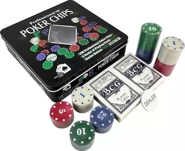 100pcs Professional Poker Chips Set with Dealer Button and 2 Decks of Playing Cards and Tin Storage Box Set, This Poker Chips Casino Set is Perfect for Gifts, Family Games, Birthday Parties.
