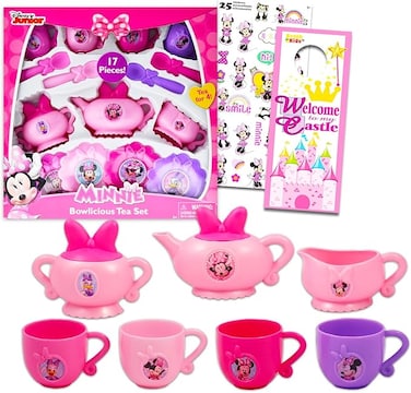 Minnie Mouse Tea Playset for Girls - Bundle with 17 Piece Minnie Mouse Tea Set with Minnie Tea Cups, Saucers, and Tea Kettle Plus Minnie Stickers   Minnie Mouse Tea Party Set