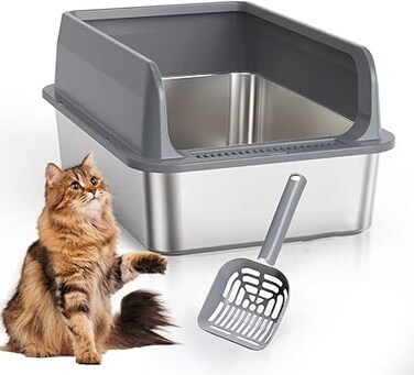 ORCHID M&reg; Stainless Steel Cat Litter Box with Lid, Large Litter Box for Big Cats Half-Enclosed Metal Litter Box with Hood and Scoop, Easy to Clean, Non-Sticky, Anti-Leakage （60 * 40 * 25）