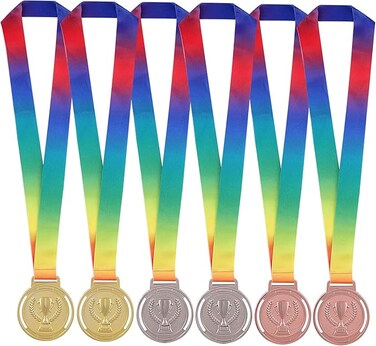Gold Silver Bronze Award Medals Winner Metal Medals with Rainbow Ribbon for Competitions, Party, Olympic Style, 52g, 2.55", 6Pcs
