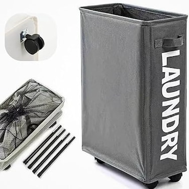 Shokran Sahib-Slim Laundry Basket with Wheels &ndash; Collapsible Rolling Laundry Hamper with Handle, Waterproof Oxford Fabric, Laundry Bag, Narrow Space Organizer for Bathroom, Bedroom