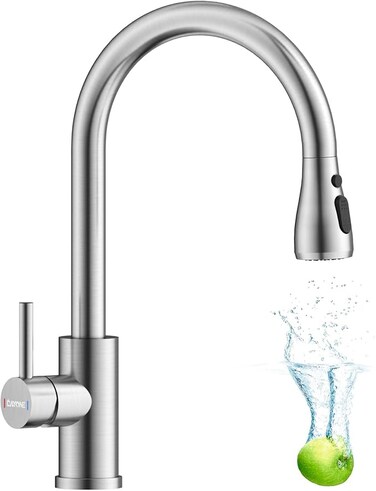 Kitchen Faucet Mixer with Pull Down Sprayer Brushed Nickel, Kitchen Tap with 3 Water Modes for Sink, Single Handle High Arc Kitchen Faucets Stainless Steel