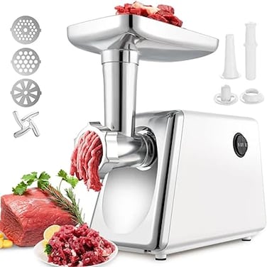 3Clock Electric Meat Grinder 2000W, Meat Mincer with 3 Grinding Plates and Sausage Stuffing Tubes for Home Use &amp;Commercial, Stainless Steel/Silver/2000W (Max)