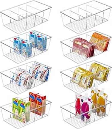 Vtopmart 8 Pack Food Storage Organizer Bins, Clear Plastic Bins for Pantry, Kitchen, Fridge, Cabinet Organization and Storage, 4 Compartment Holder for Packets, Snacks, Pouches, Spice Packets