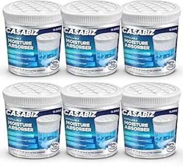 Casabiz Refillable Moisture Absorber Boxes, 6-Pack(12.5oz/350g Each) Long Lasting Humidity Control Dehumidifier for Closet, Basement &amp; Bedroom Storages, Musty Smell Deodorizer &amp; Air Freshener for Home