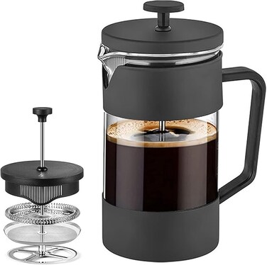 French Press Coffee &amp; Tea Maker 600ml, Thickened Borosilicate Glass Coffee Press with Filter Screens, Rust-Free and Dishwasher Safe, 100% BPA Free
