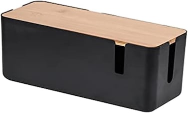 Cable Management Box - Cable Organizer Box   Cord Management Box with Bamboo Lid To Cover &amp; Hide Power Strips &amp; Cords   Cable Box Organizer for TV, Computer, Router Office (Black)