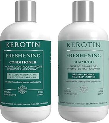 K Kerotin Hair Growth Shampoo and Conditioner Set, Products for Scalp Care, Hair Loss &amp; Thinning Hair with Rosemary Oil, Biotin &amp; Curly Girl Method Verified, Natural, Sulfate Free, Made in USA