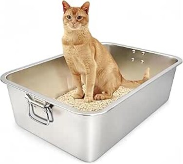 ORCHID M&reg;Stainless Steel Litter Box，Metal Litter Box with Handrail, Non-Absorbent Odor, Non-Stick, Non Stick,or Rusts, Easy to Clean 19.7"x13.8"x5.9
